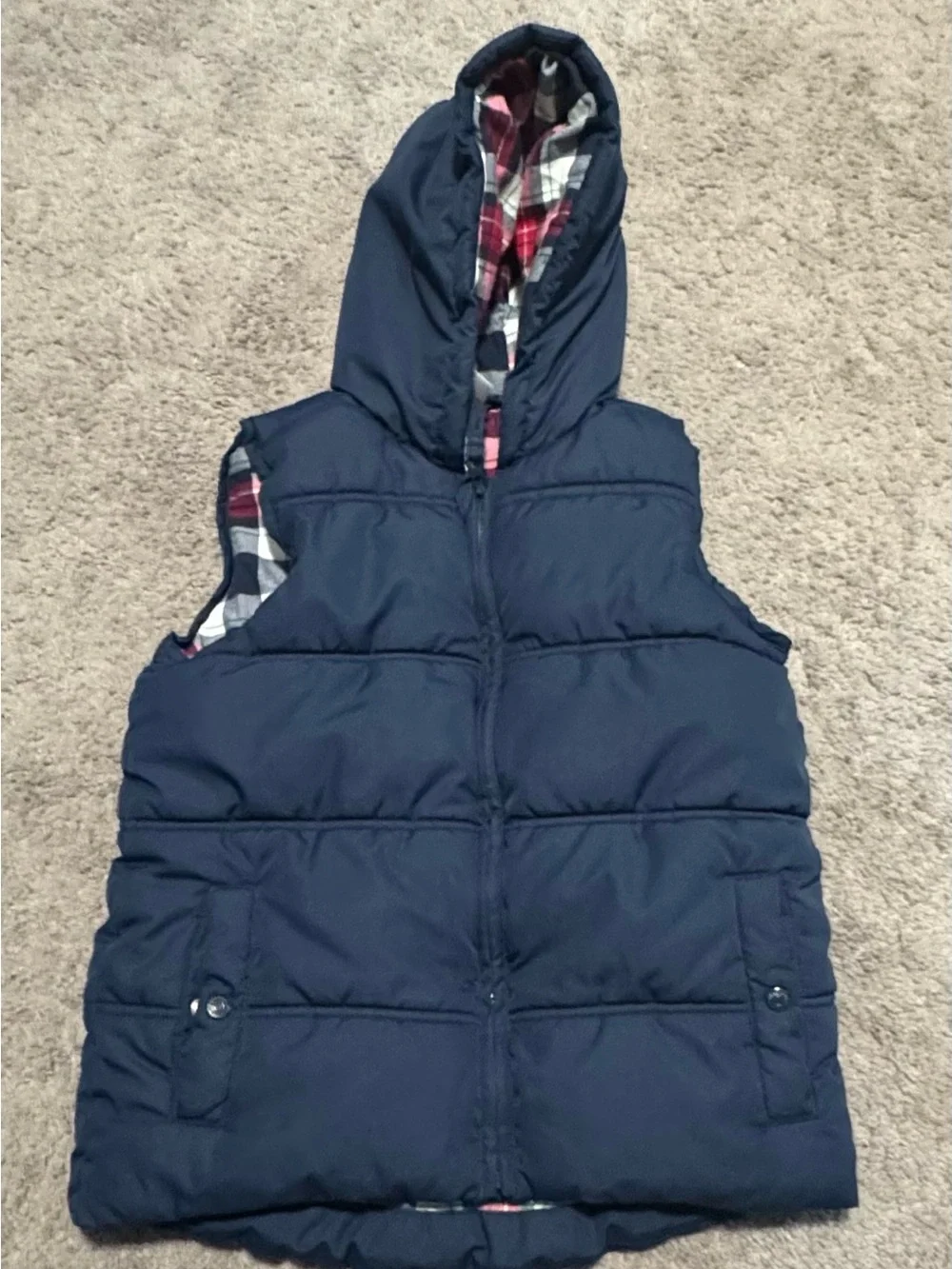 Boys Gymboree Navy Puffer Hooded Vest with Plaid Lining size 8
